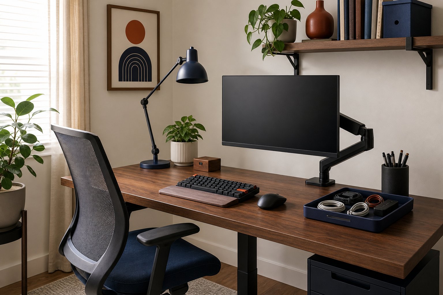 A considered home office desk with monitor, lamp and organized accessories