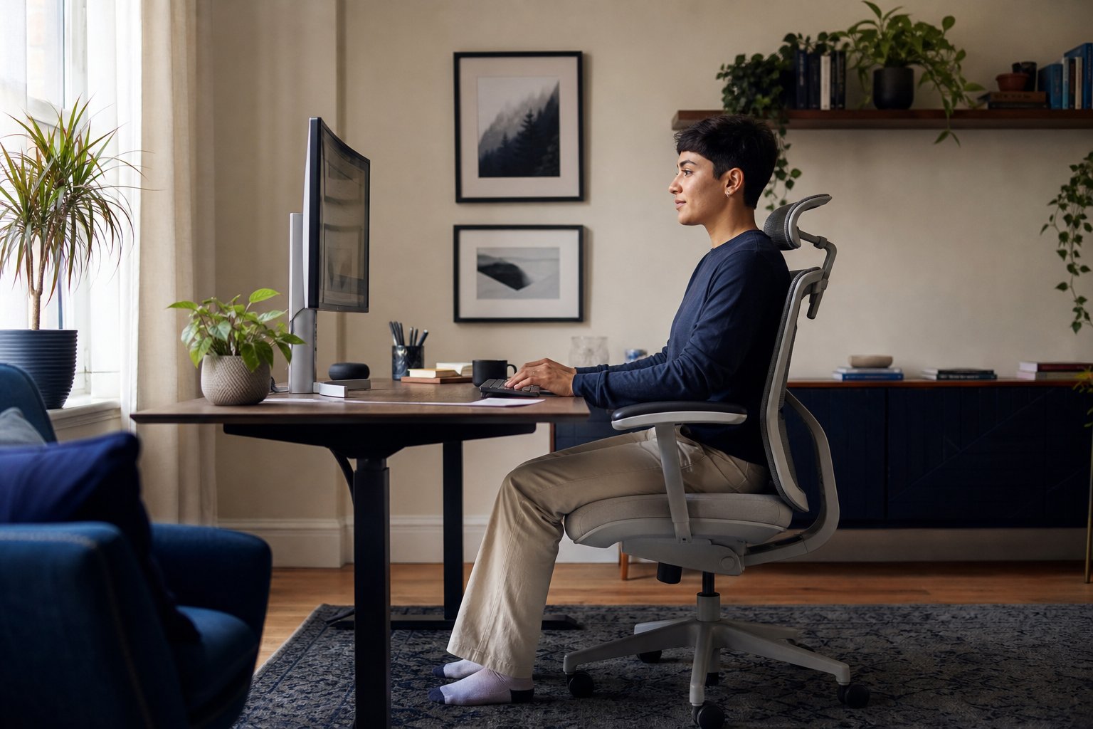 A remote professional working with a comfortable, neutral seated posture
