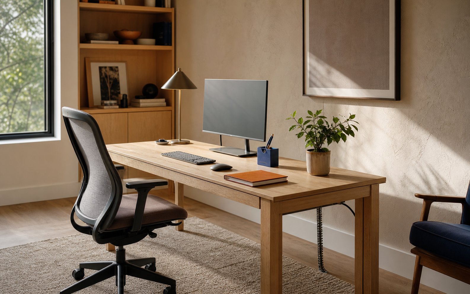 A warm, organized home workspace with an ergonomic chair and large monitor