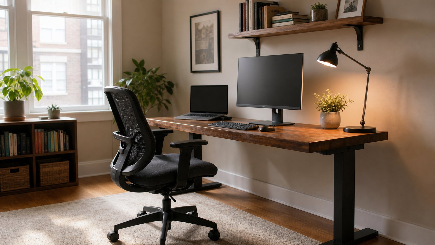 Complete attainable home office with adjustable chair, stable desk, monitor, laptop, input devices and task light