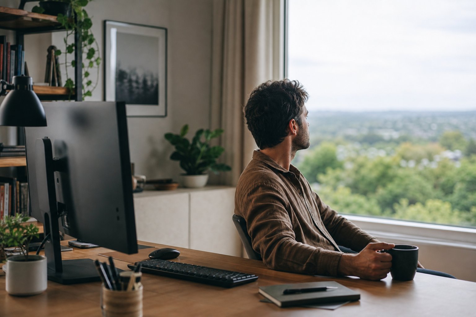 Remote worker looking through a window at distant greenery during a computer break