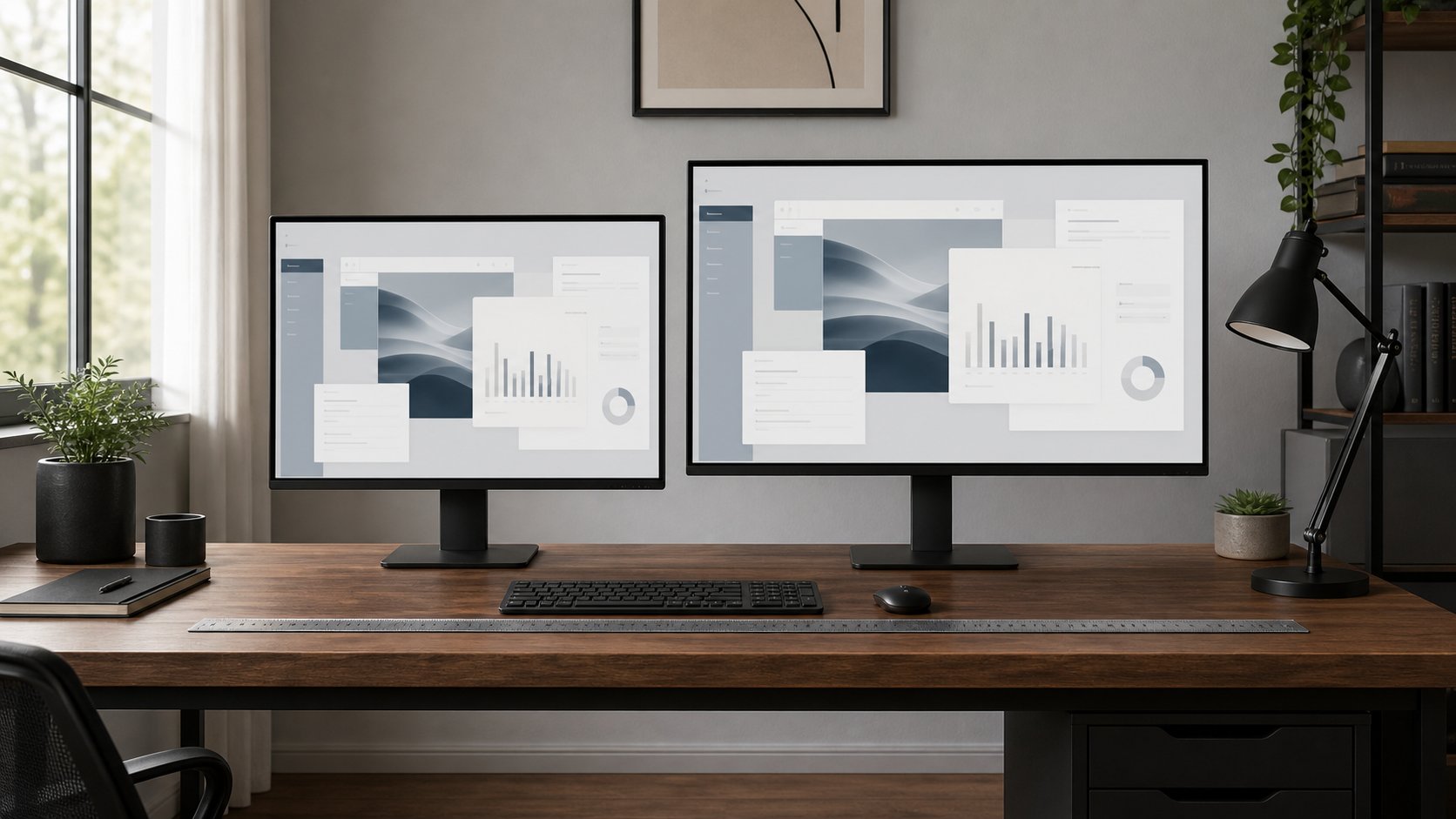 Twenty-seven-inch and thirty-two-inch monitors compared side by side on a deep home-office desk