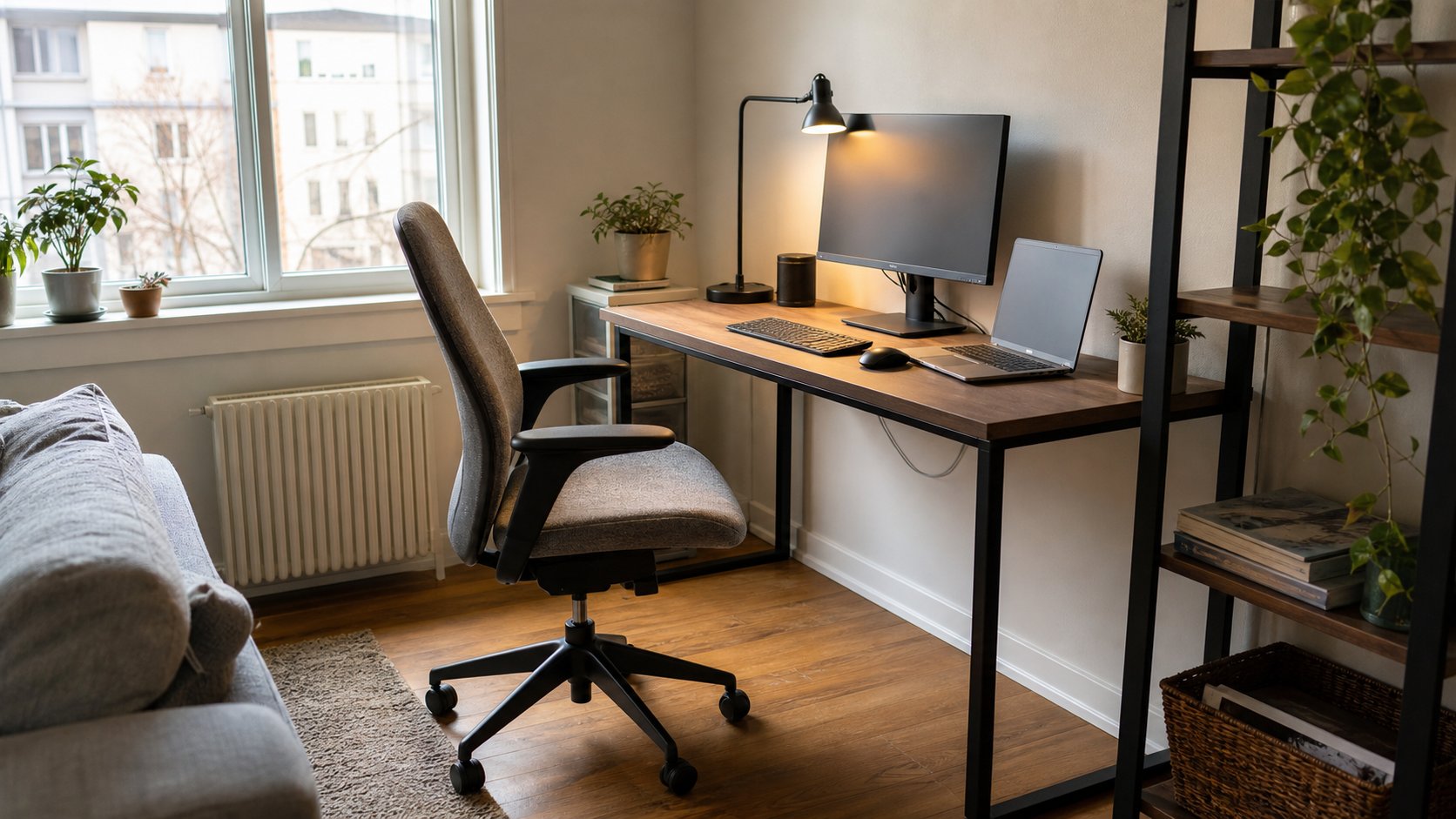 Modest complete home office with a stable desk, task chair, monitor, laptop and adjustable lamp