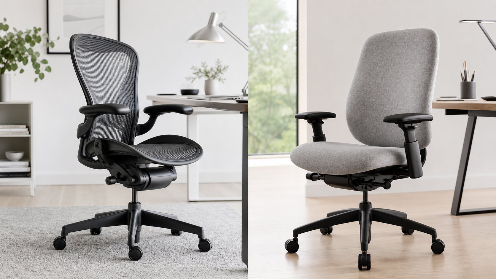 Unbranded mesh and upholstered ergonomic office chairs compared side by side
