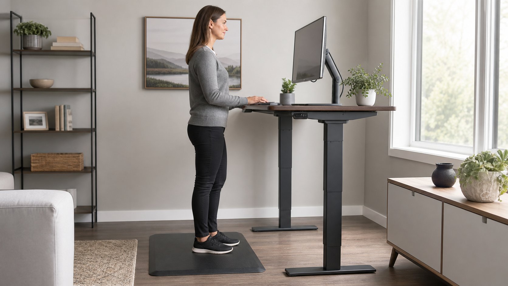 Remote worker standing on a broad beveled anti-fatigue mat at an adjustable desk