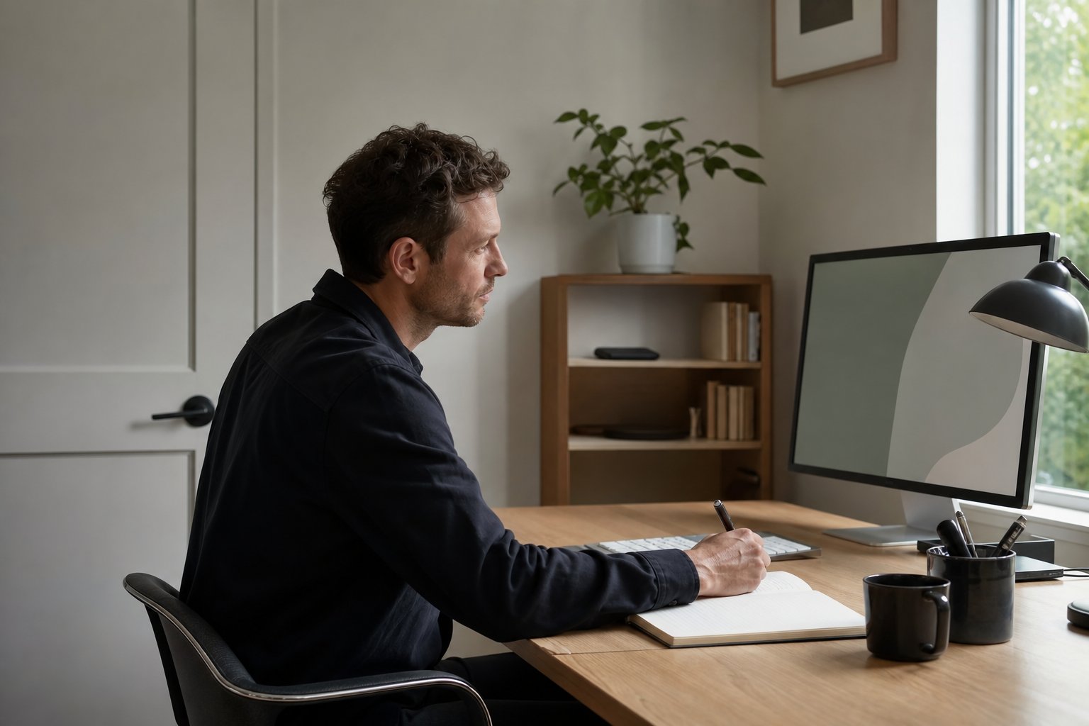 A focused remote worker with a phone placed face down away from the desk