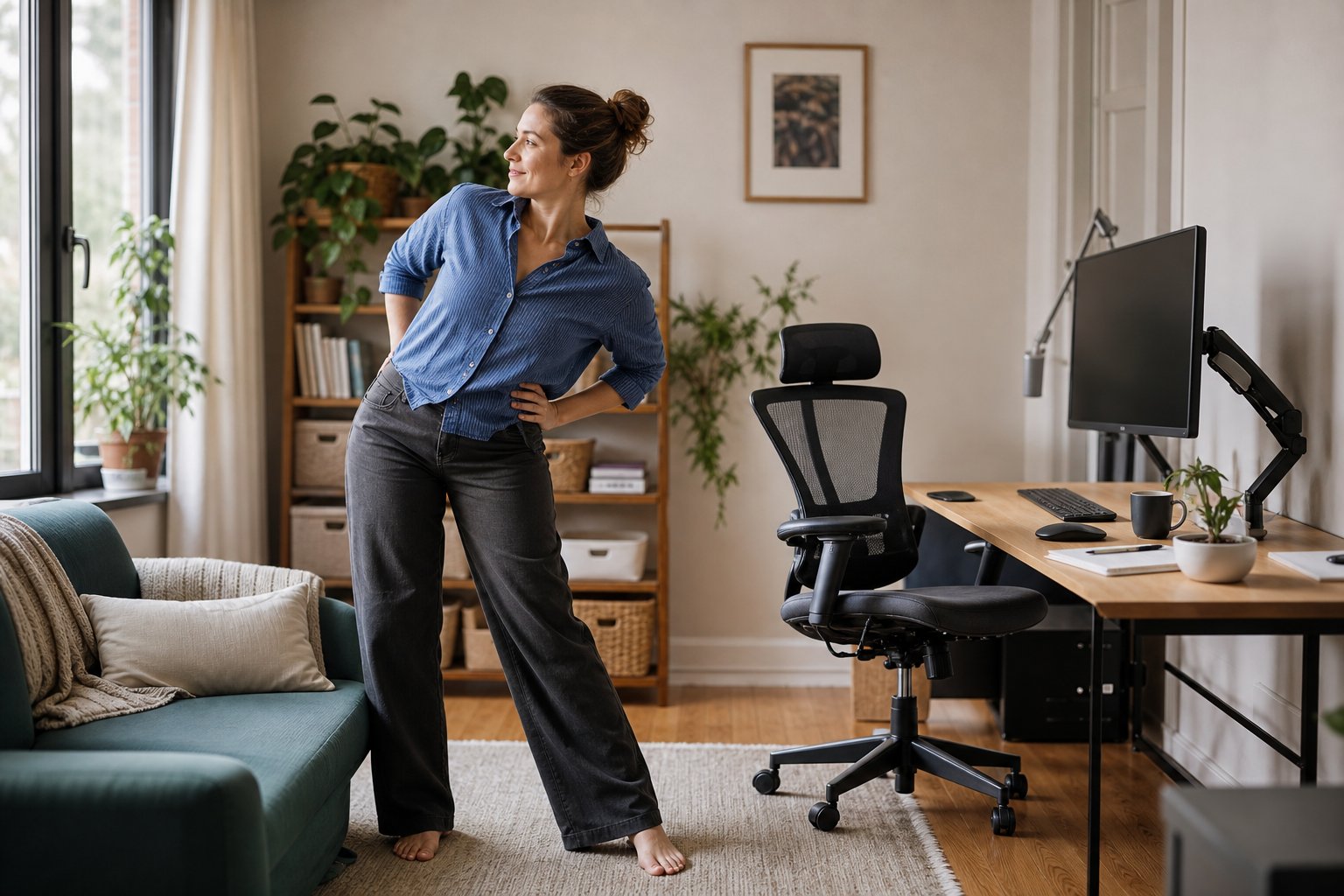 Remote professional taking a gentle movement break beside an ergonomic home office