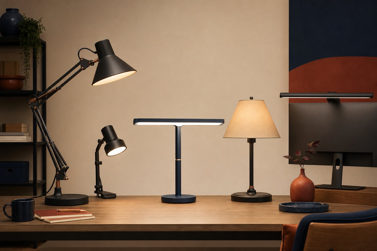 A curated group of adjustable home office task lamps on a long desk