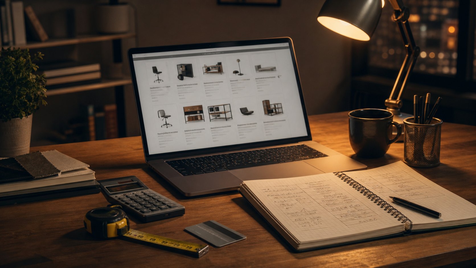 Laptop shopping comparison beside a calculator, measuring tape and handwritten planning notebook