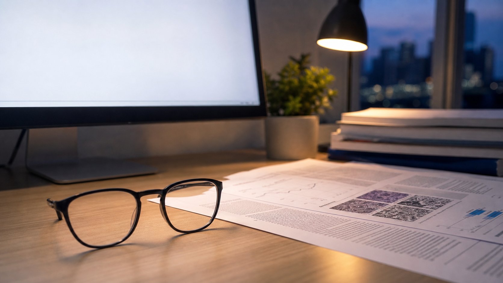 Clear-lens glasses beside a computer and research papers in a neutral evidence-review setting