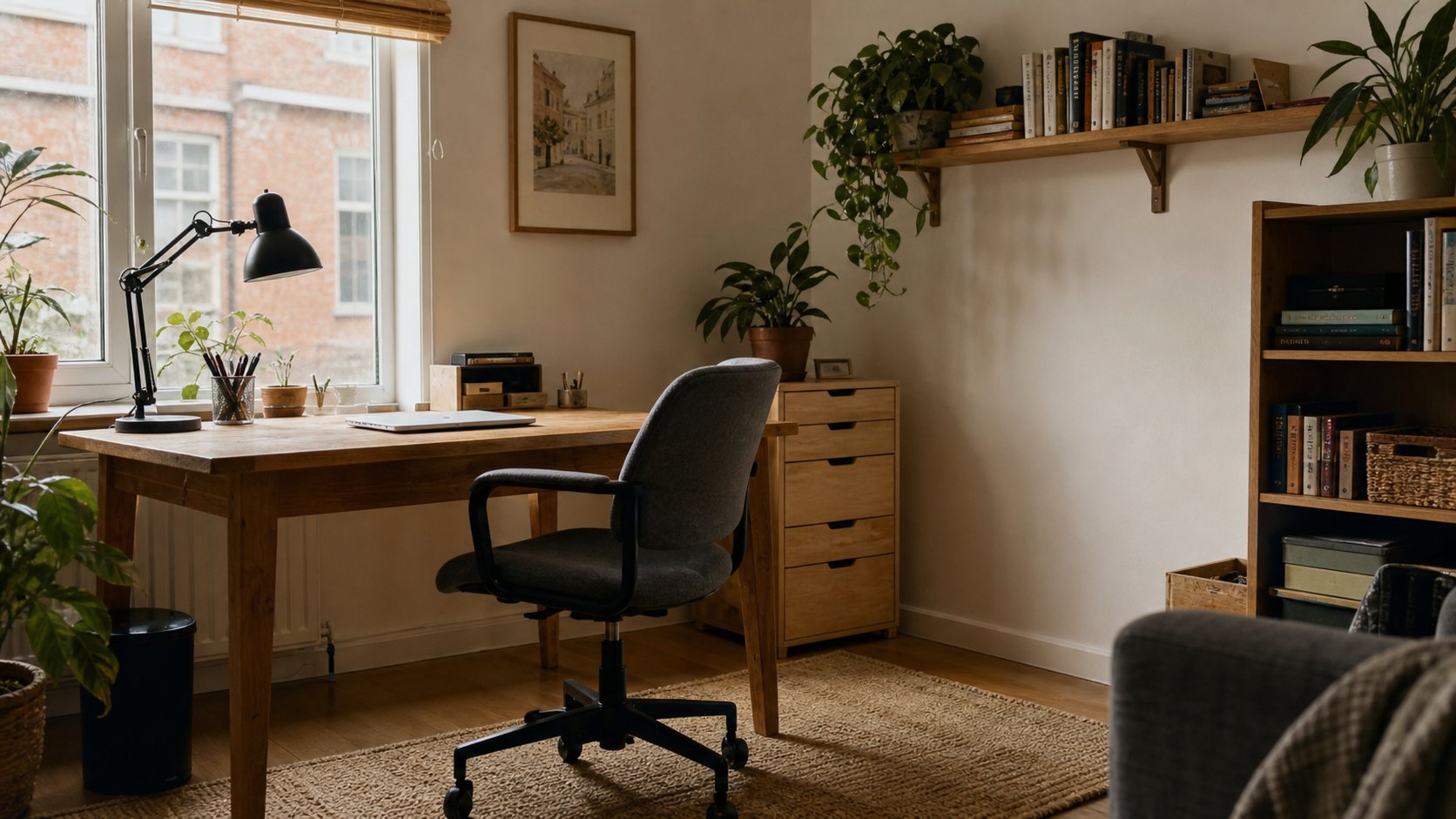 Affordable home office with a sturdy plain desk, adjustable secondhand chair, drawer unit and simple shelf