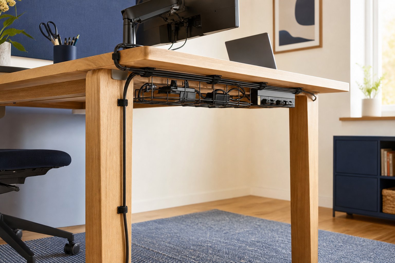 Clean under-desk cable management with a tray, mounted power strip and reusable ties