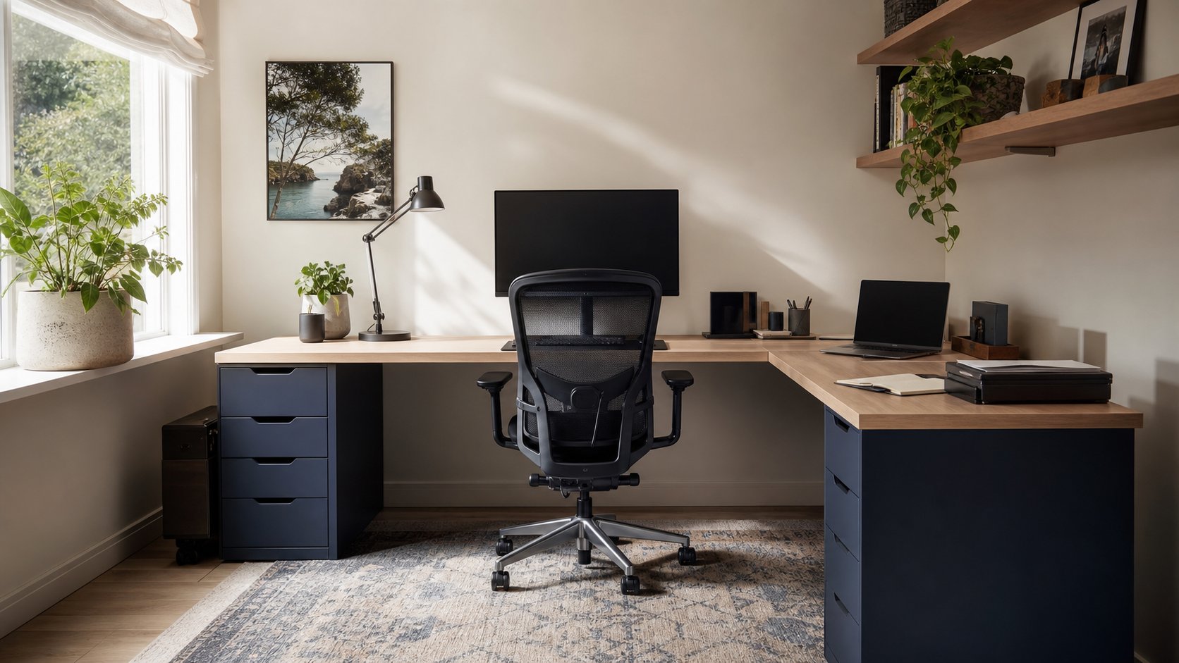 Measured corner home office with the monitor centered on one run and a secondary work zone on the return