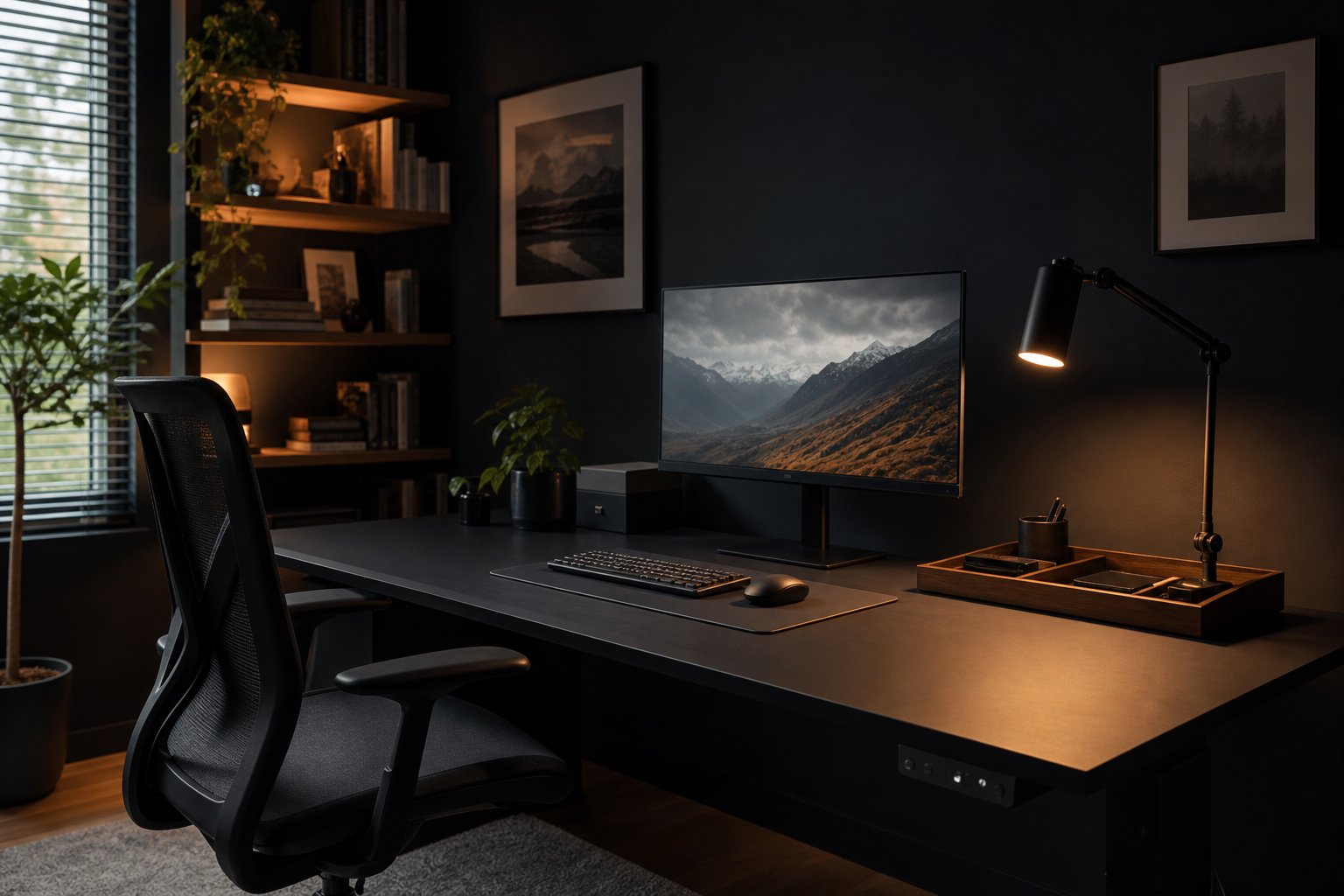 Moody charcoal home office desk with warm task light and walnut accessories