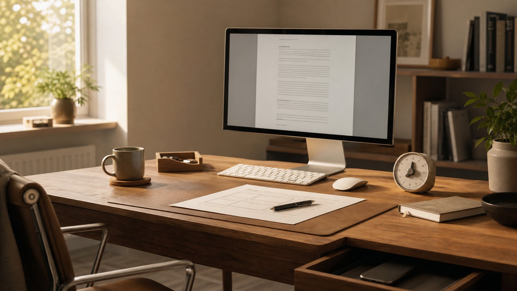 Quiet remote-work desk prepared for focused work with a single document, paper plan and timer
