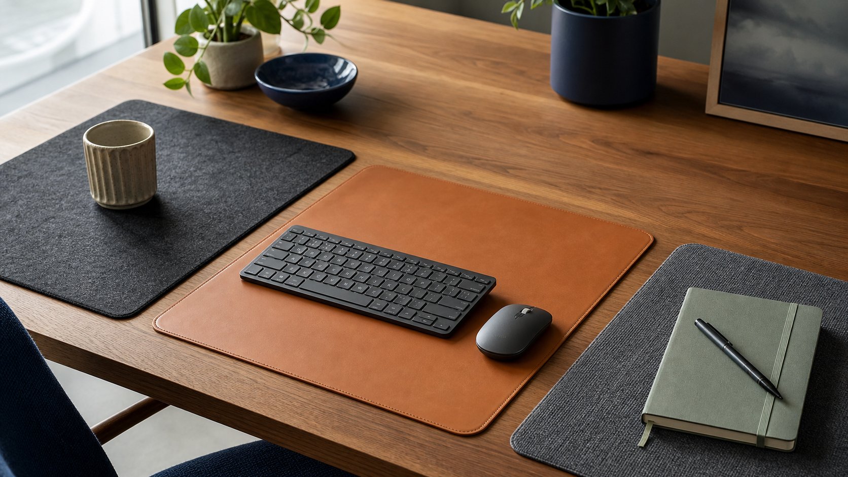 Felt, plant-based leather and woven desk mat materials arranged on a warm wooden workspace