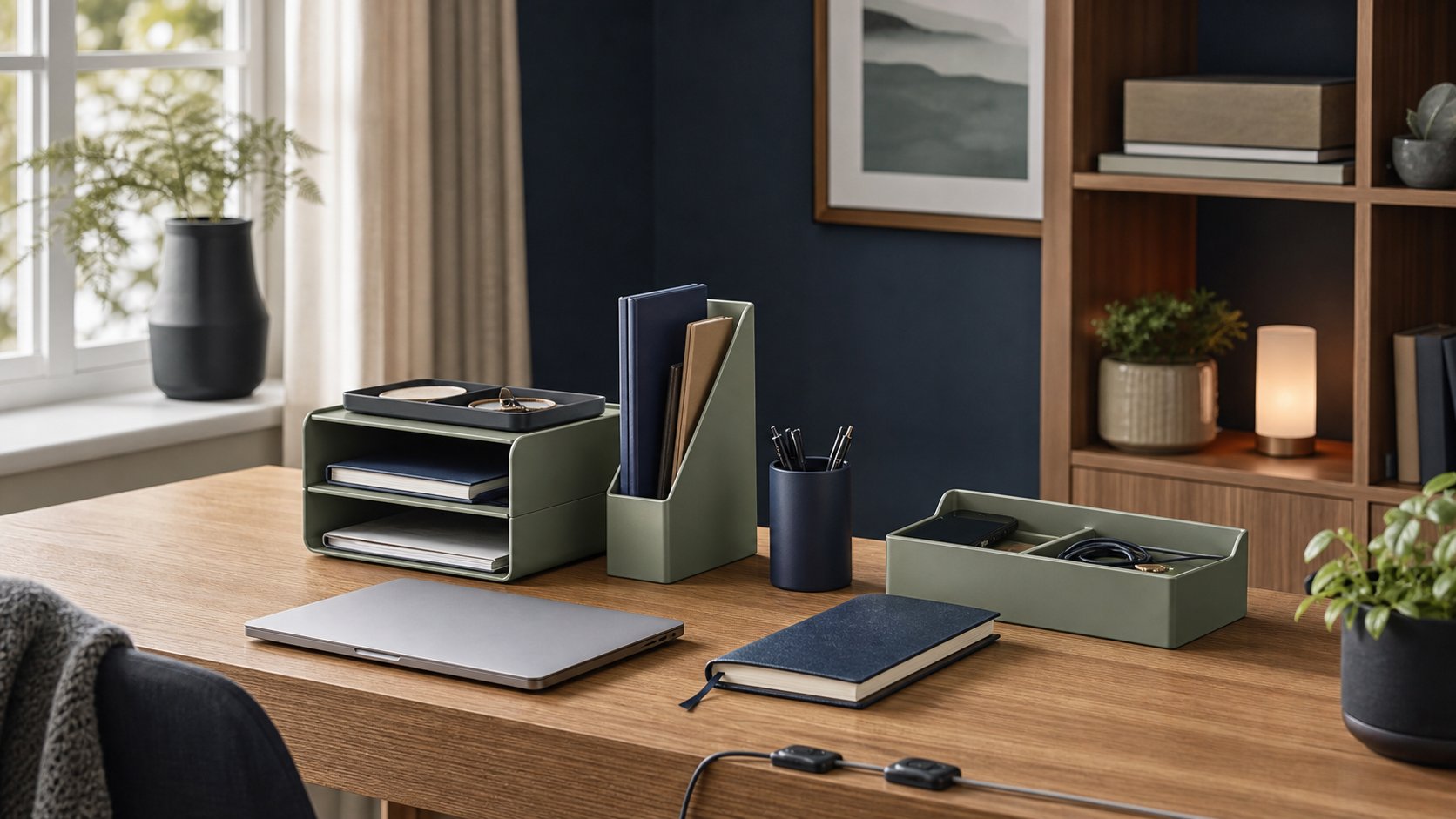 Modular trays, vertical files and small containers organizing a bright home-office desk