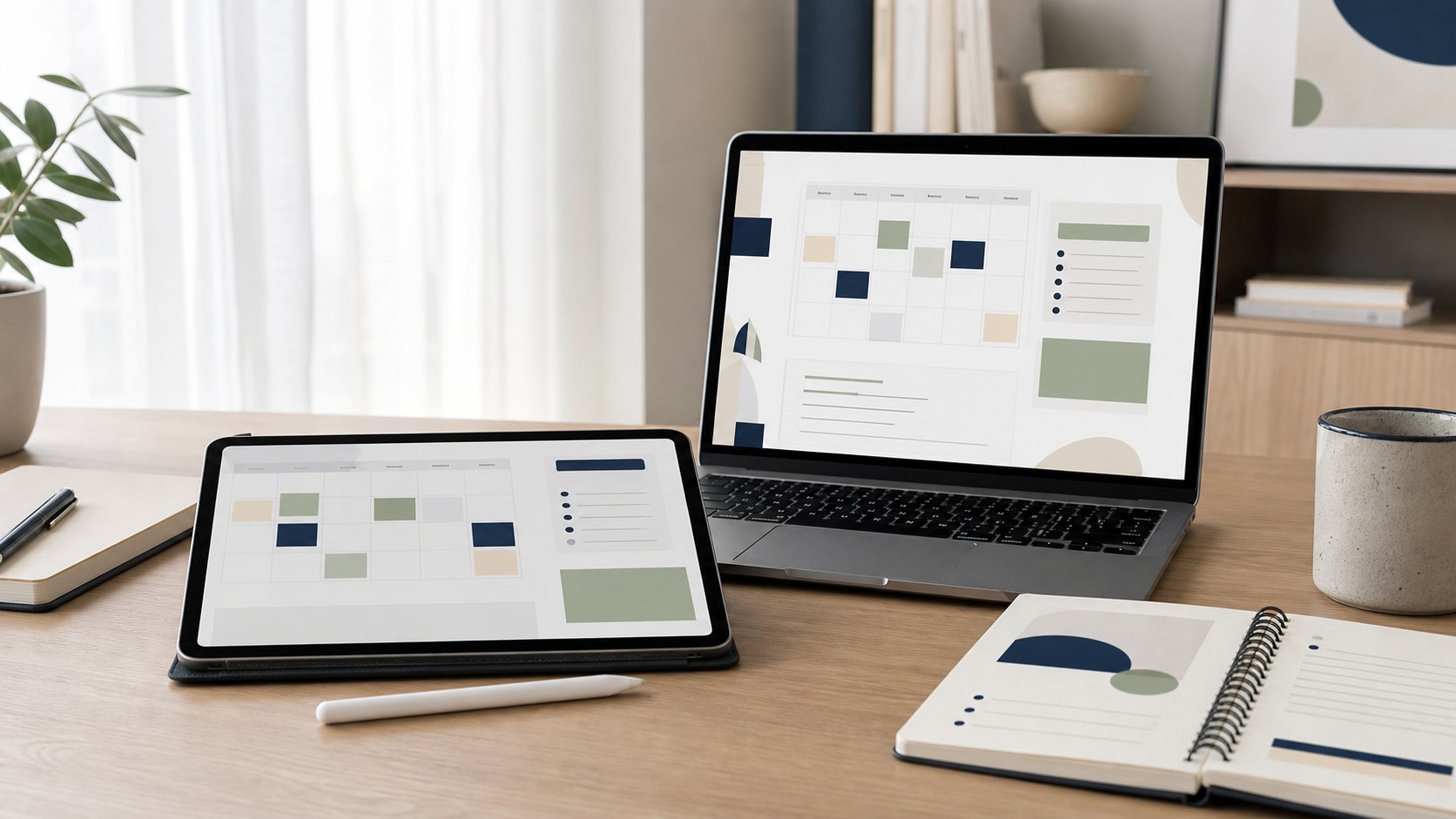 Digital daily planner displayed beside a laptop, calendar and handwritten schedule