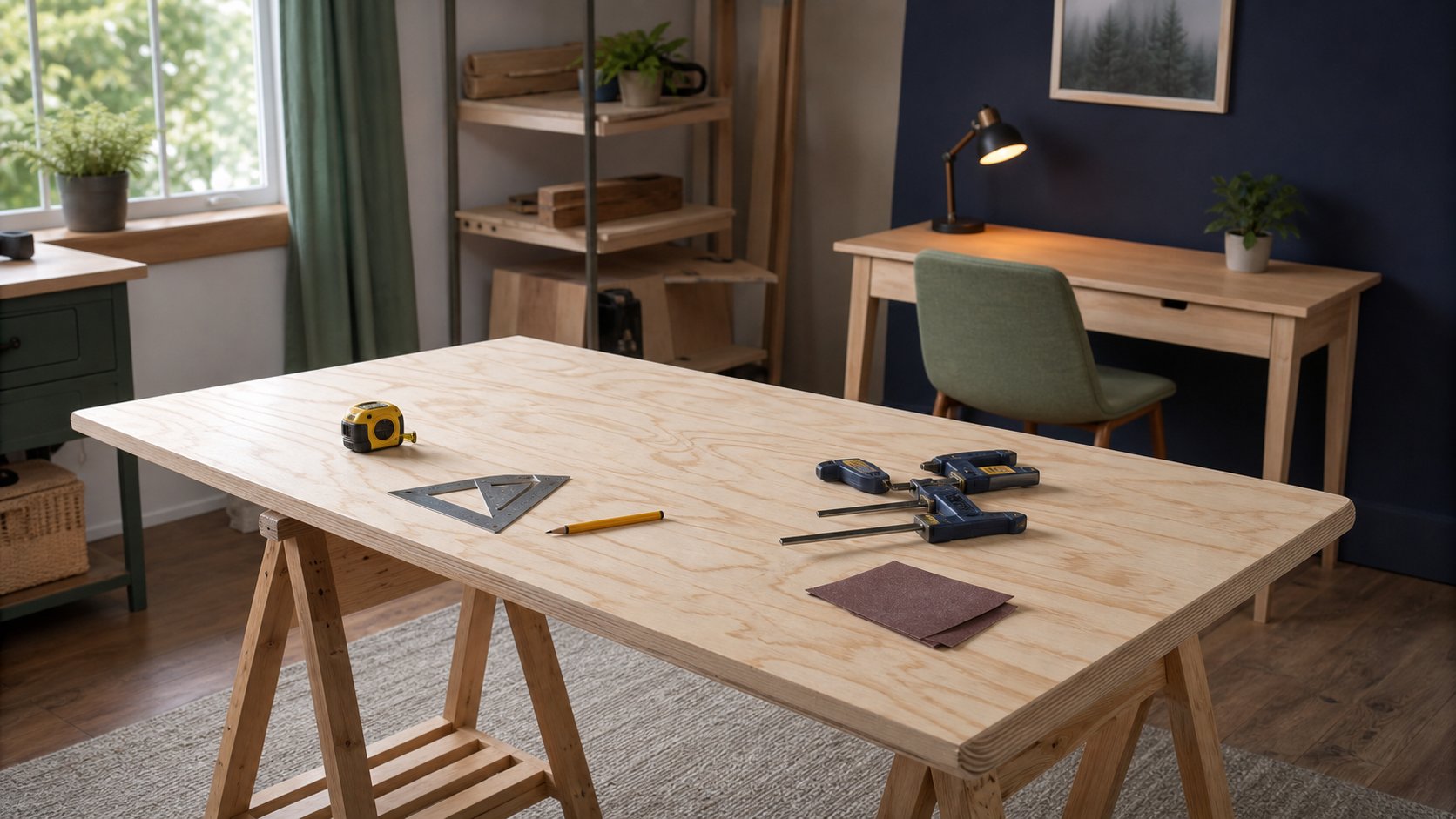Plywood desktop on wooden trestles with measuring and finishing tools arranged safely
