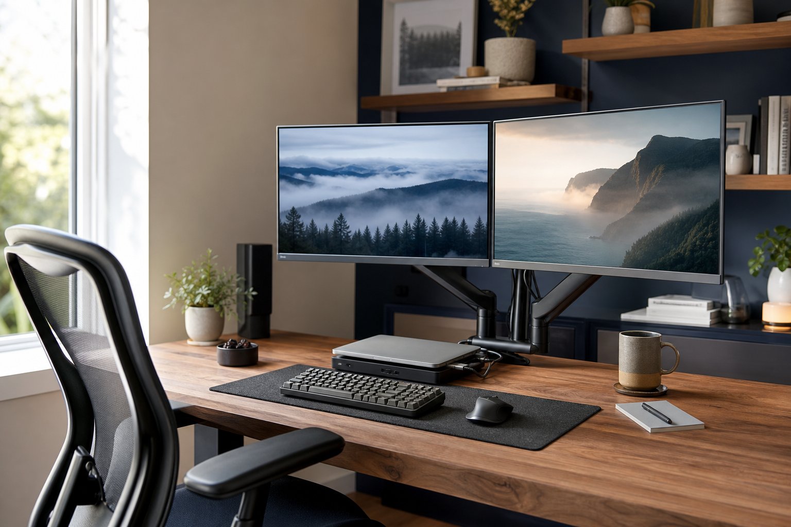 Two matched monitors aligned on adjustable arms above a tidy home office desk