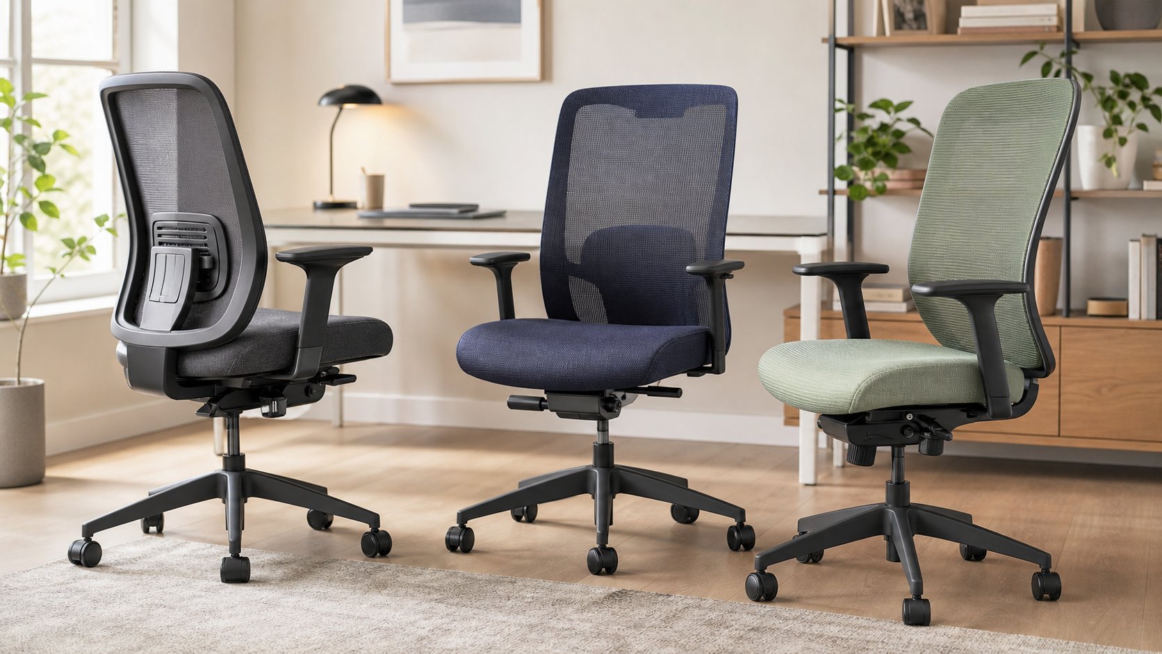 Three attainable adjustable office chairs with different backrests, armrests and seat shapes