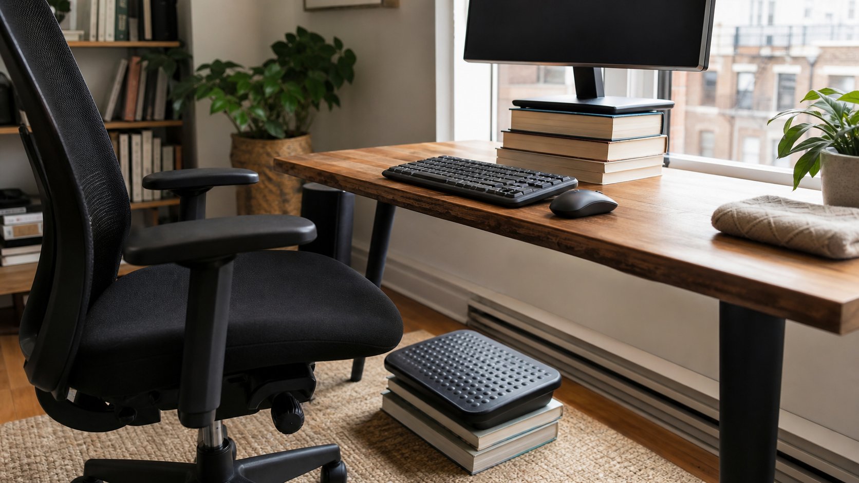 Desk adjusted with a monitor raised on sturdy books, nearby keyboard and stable foot support