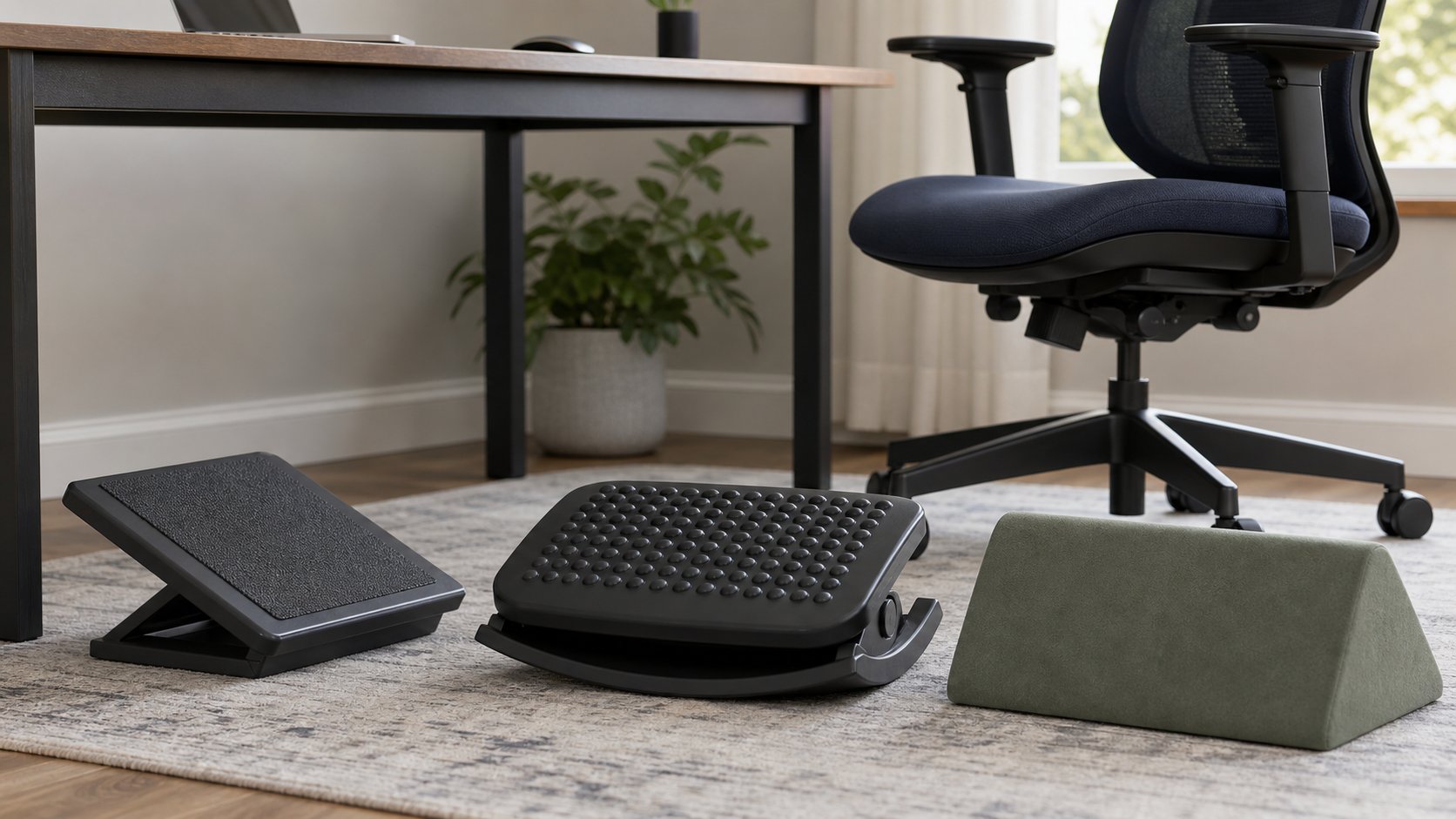 Five under-desk footrest designs compared beside an adjustable office chair
