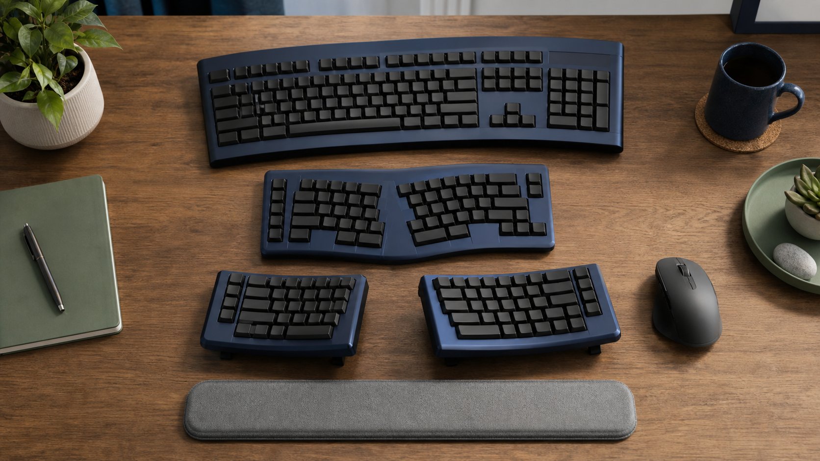 Curved, compact and fully split ergonomic keyboard forms arranged with a neutral wrist rest