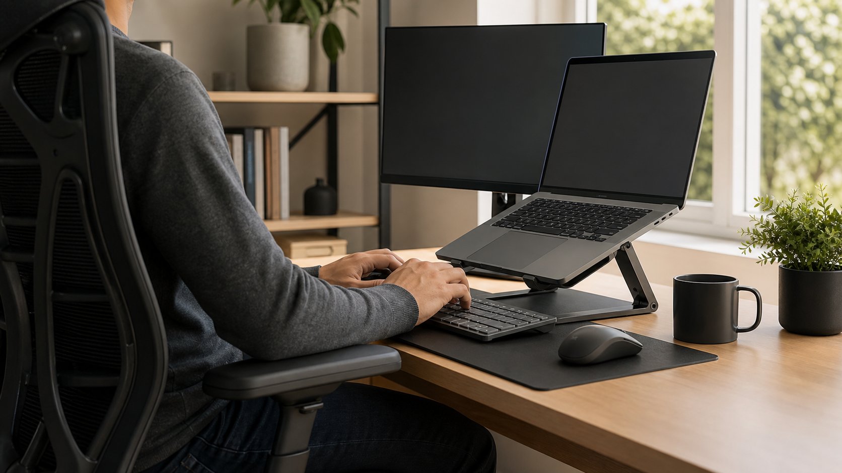 Elevated laptop with separate keyboard and mouse at a supported home workstation