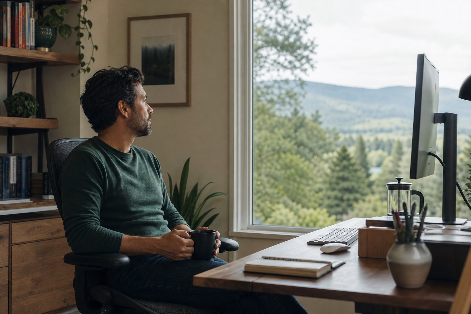 Remote worker looking away from a computer toward distant greenery through a window
