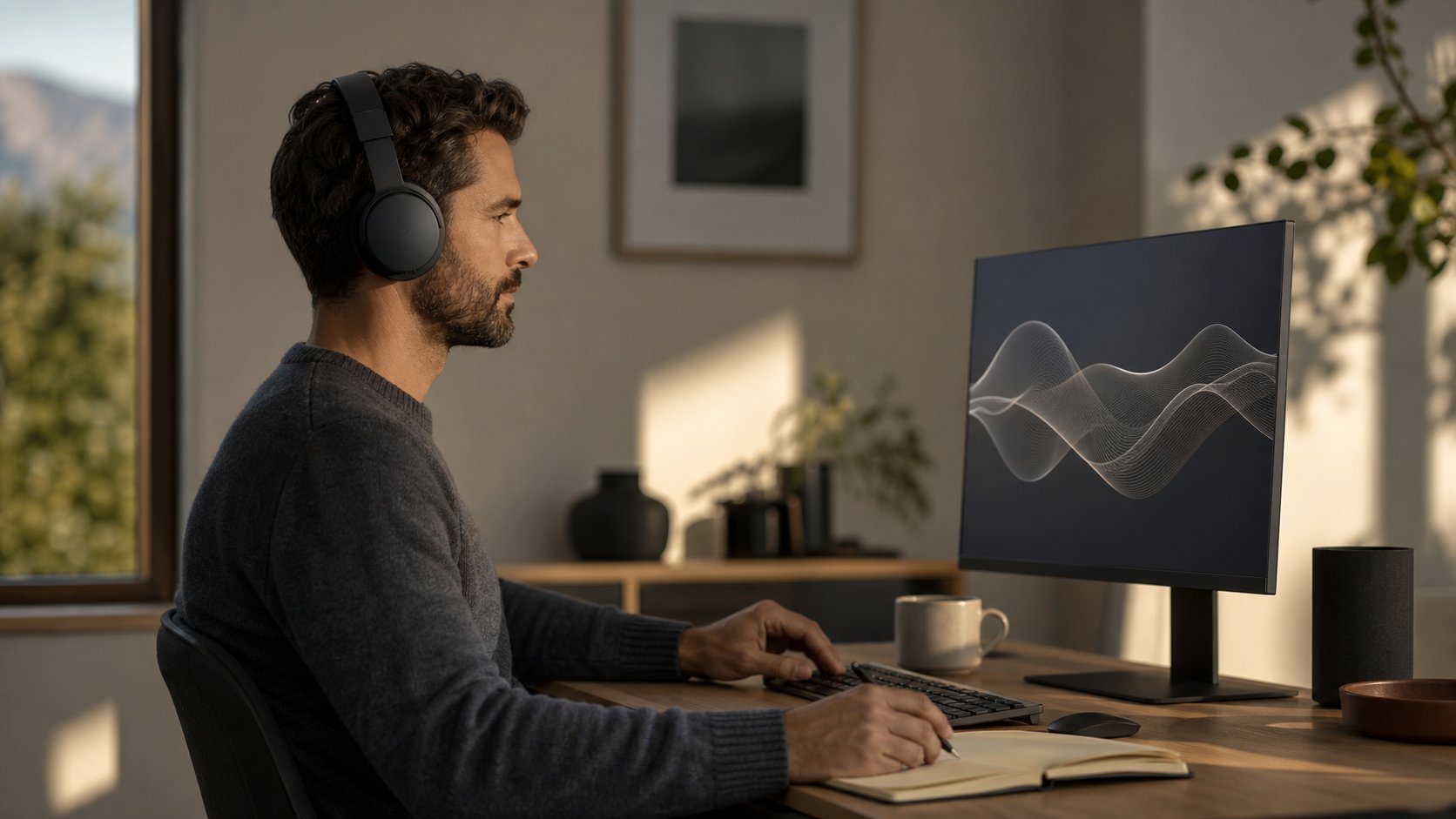 Remote worker wearing over-ear headphones at a calm desk with an abstract audio waveform on screen