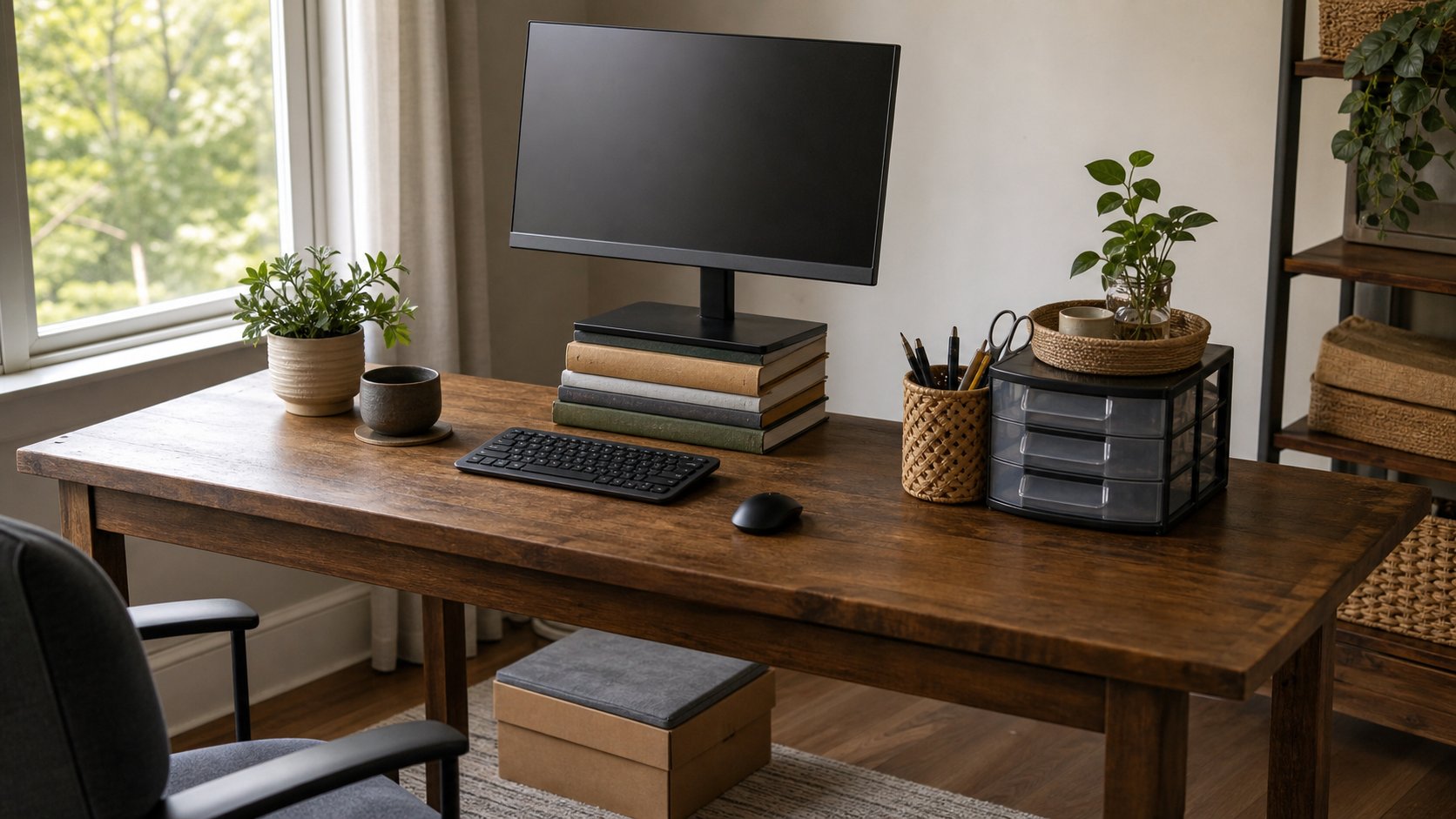 Safe no-cost home office using broad books as a monitor riser, a firm foot support and reused containers