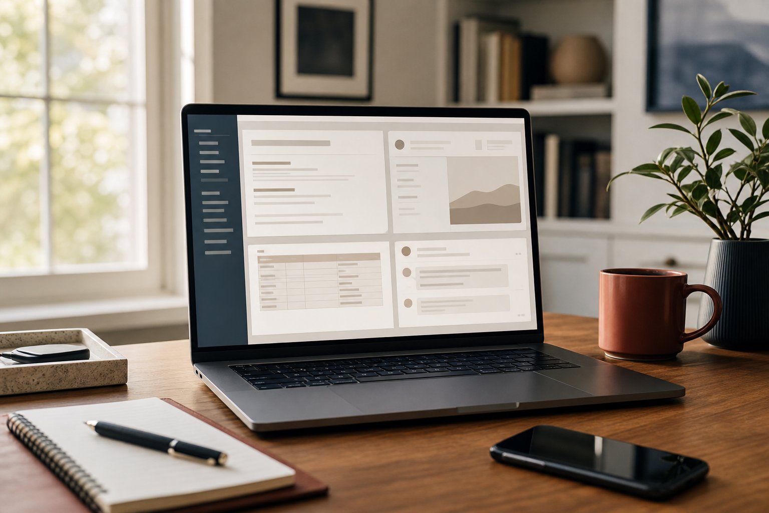 Laptop showing abstract productivity windows on a tidy home office desk