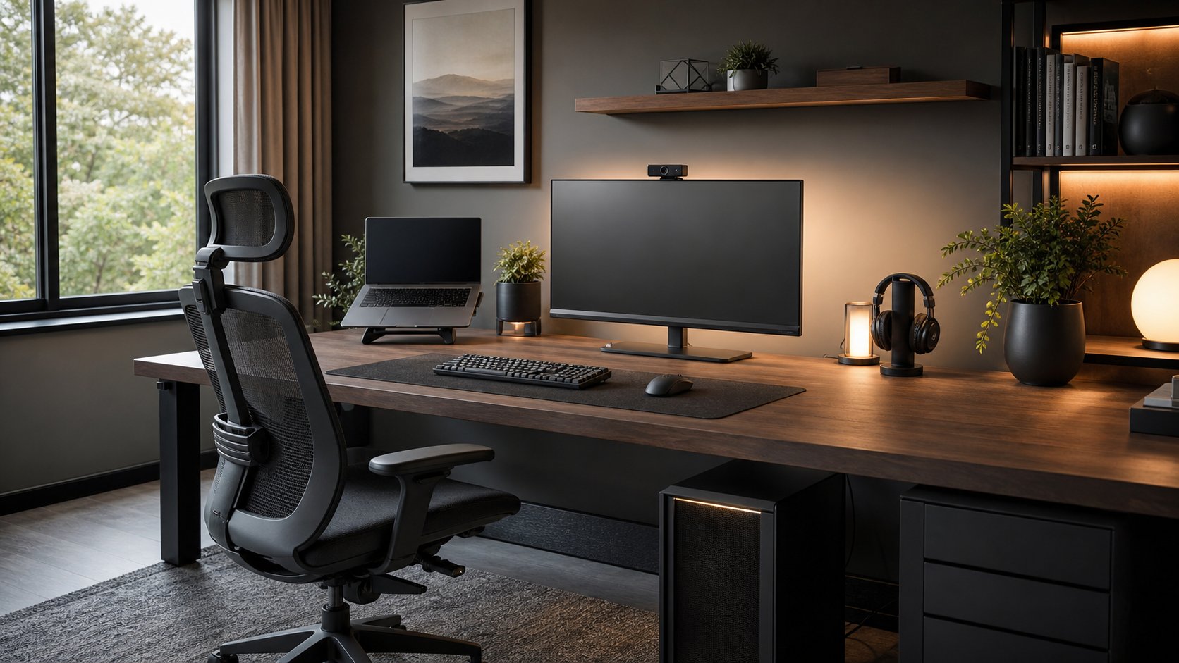 Dual-purpose gaming and remote-work desk with professional lighting and organized peripherals