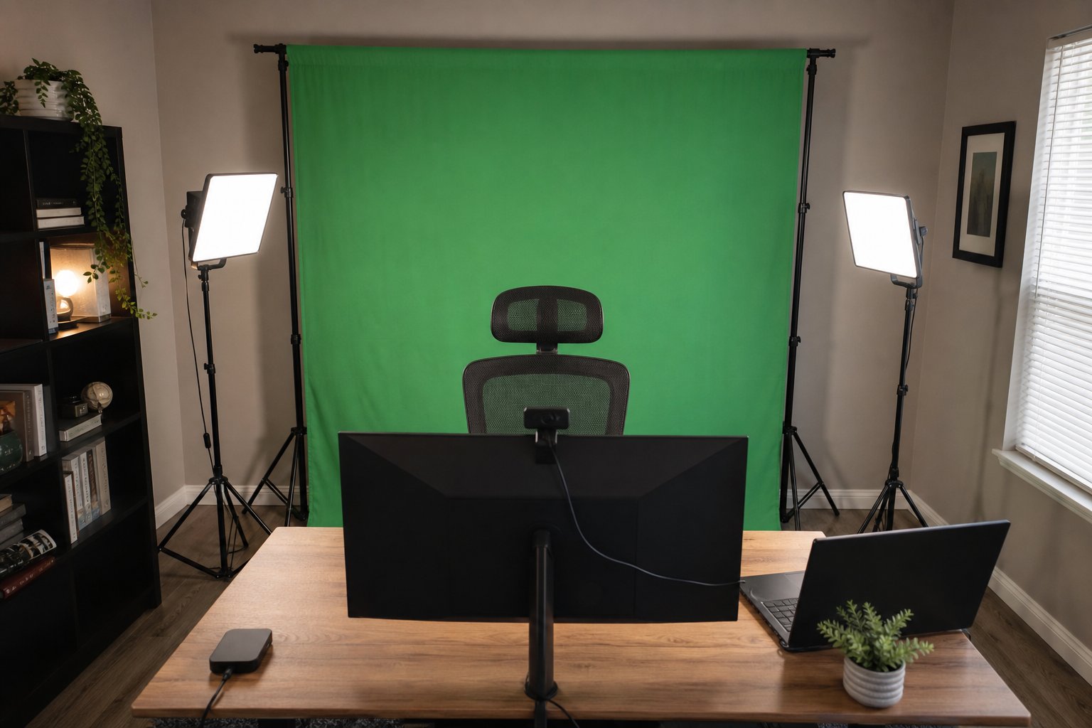 A practical home office green screen with two soft lights, webcam and tidy cables