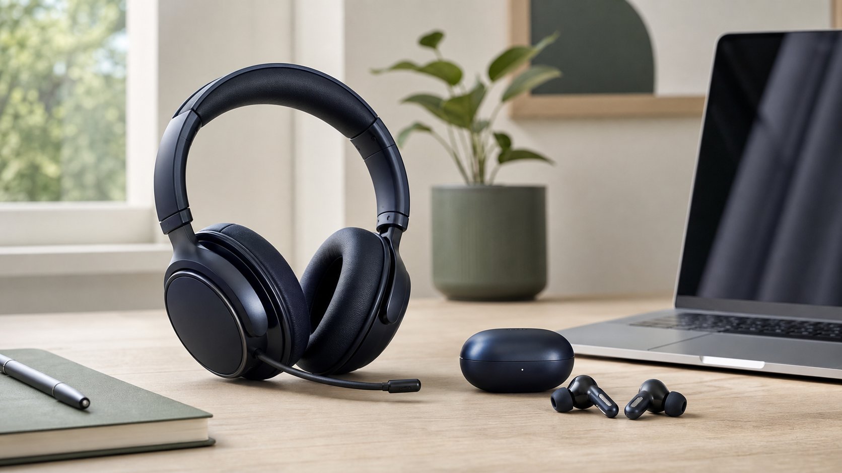 Over-ear office headset with boom microphone compared beside compact wireless earbuds on a desk