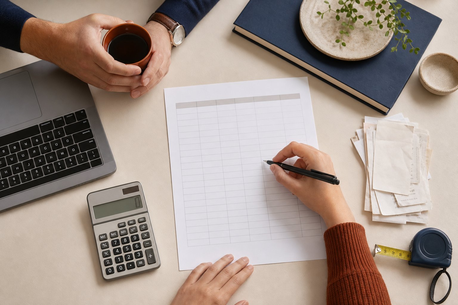 A home office budget worksheet with calculator, receipts, laptop and tape measure