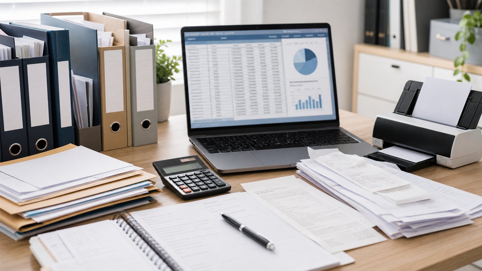 Organized home-office tax records with receipts, calculator, folders and a laptop expense sheet