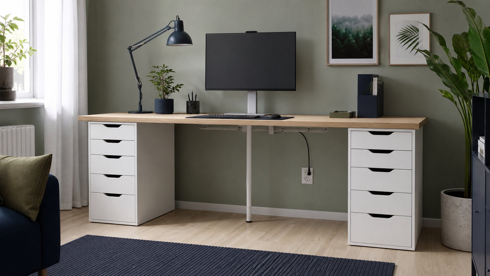 Unbranded drawer-unit desk with a light wood top, center support and organized monitor setup