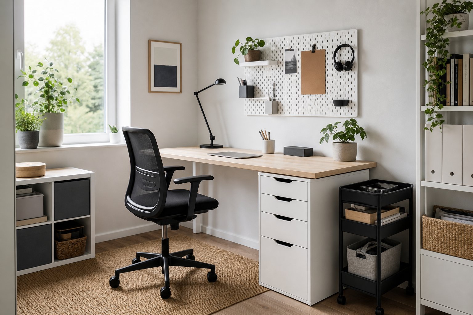 Scandinavian modular home office with light wood desk, drawer storage and pegboard