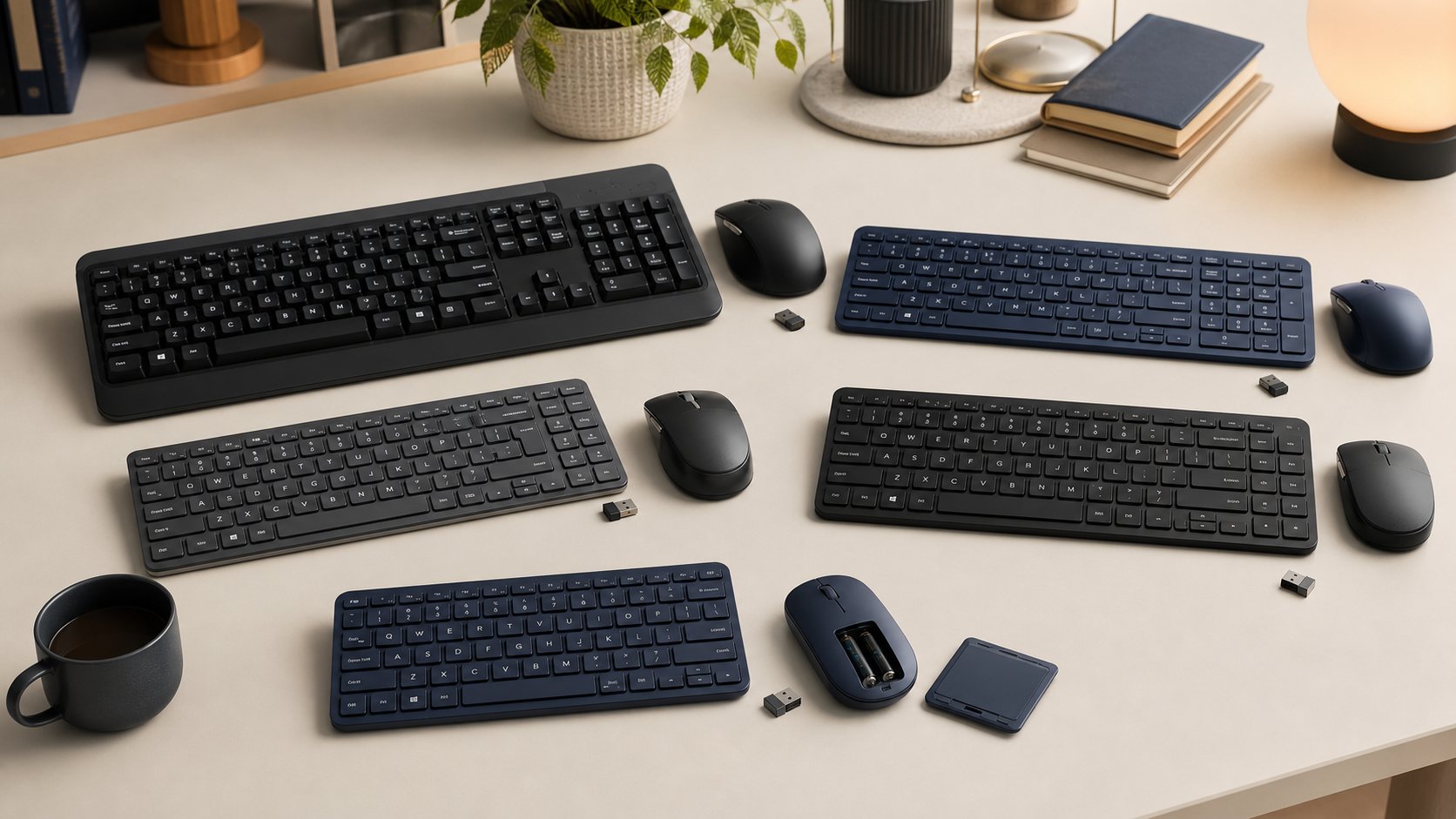 Five unbranded keyboard and mouse combinations compared on a neutral home-office desk