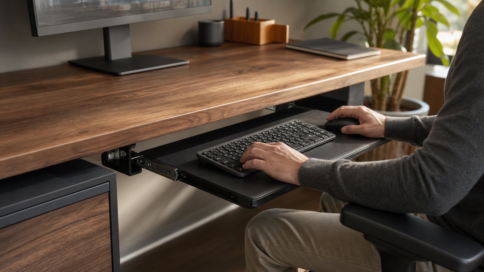Under-desk keyboard tray holding a keyboard and mouse at a comfortable seated height