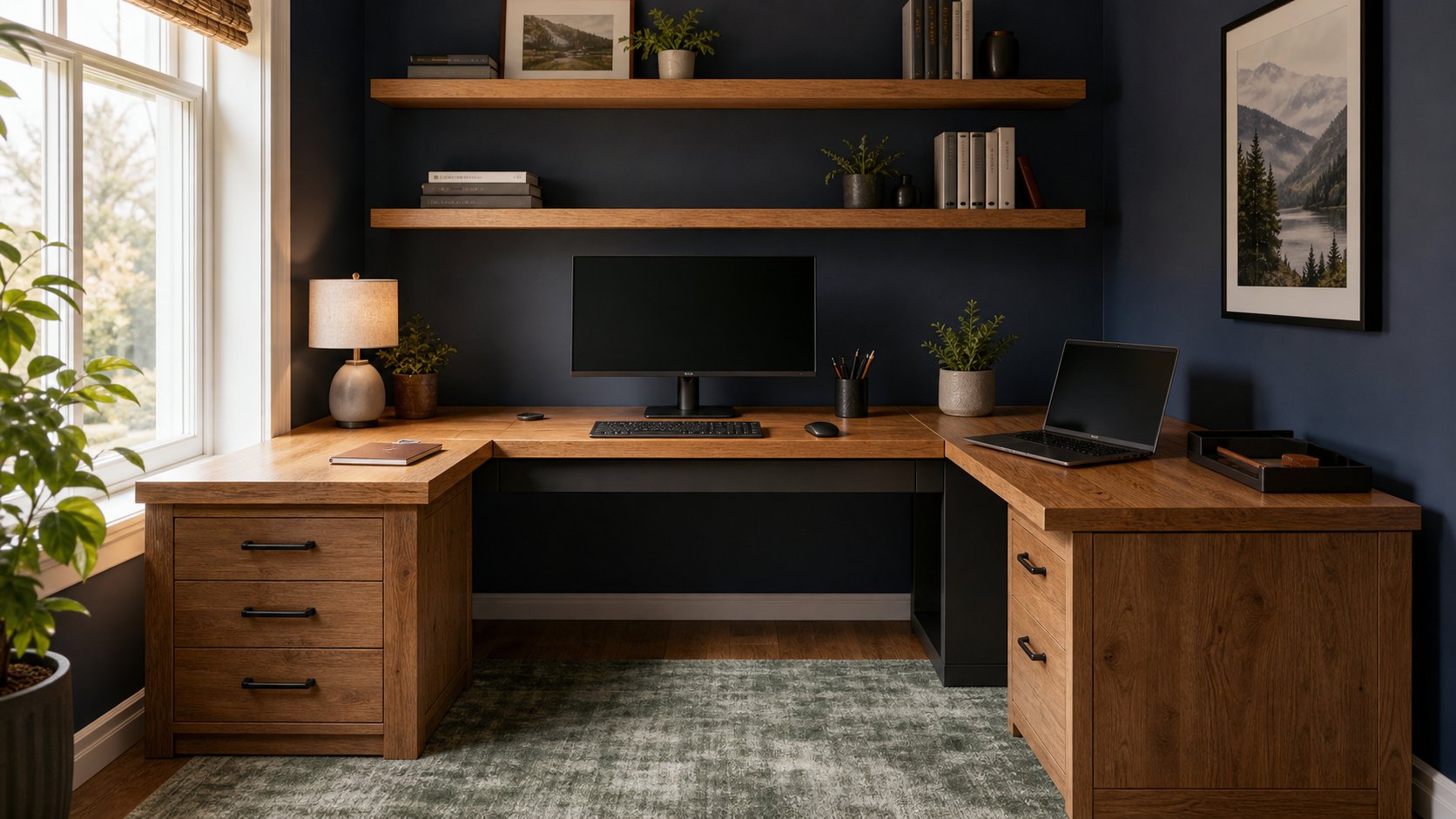 Measured L-shaped home-office desk with a centered monitor and a secondary laptop zone on the return