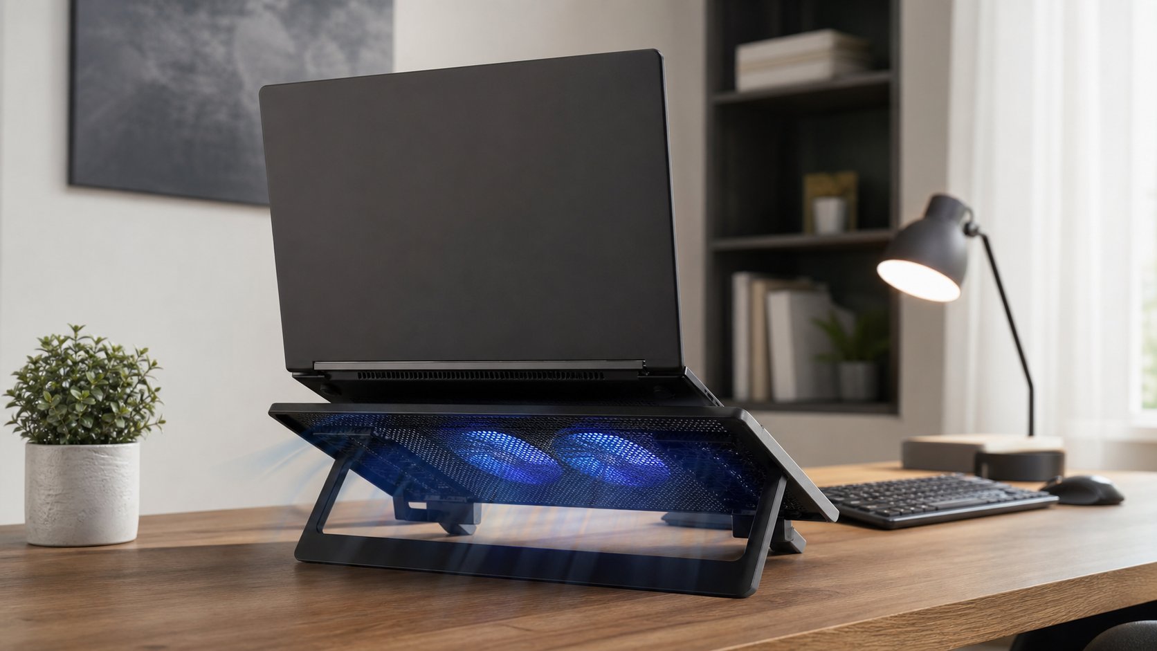Laptop elevated on a ventilated fan cooling pad with unobstructed airflow at a home-office desk
