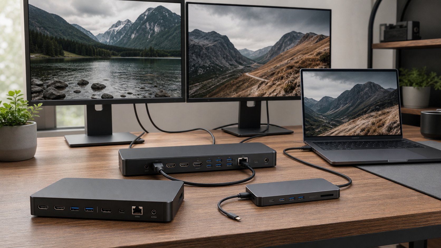 USB-C and Thunderbolt docking stations connecting a laptop to dual monitors, Ethernet and desk accessories