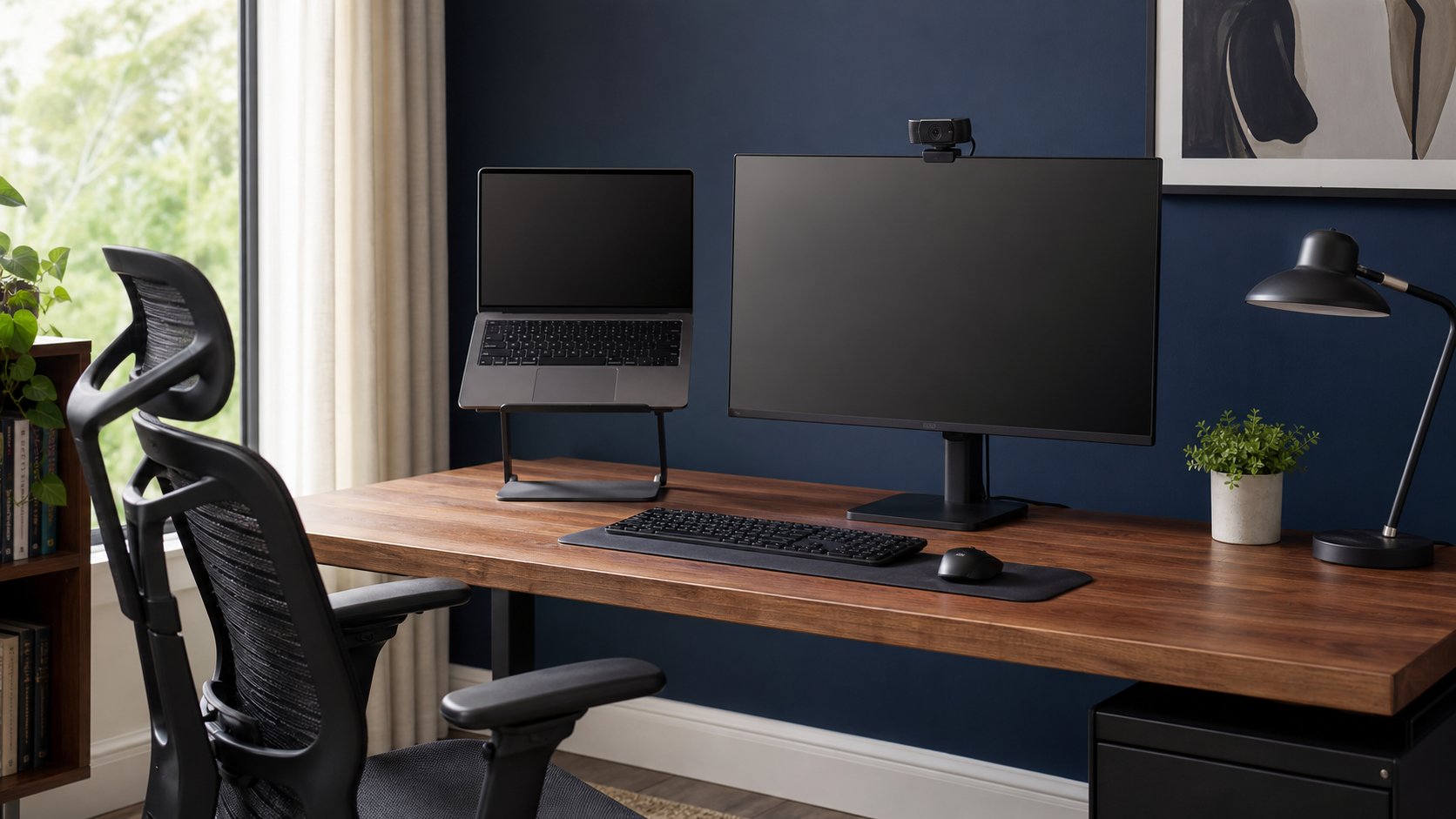 Laptop elevated on a sturdy stand beside an external monitor with separate keyboard and mouse
