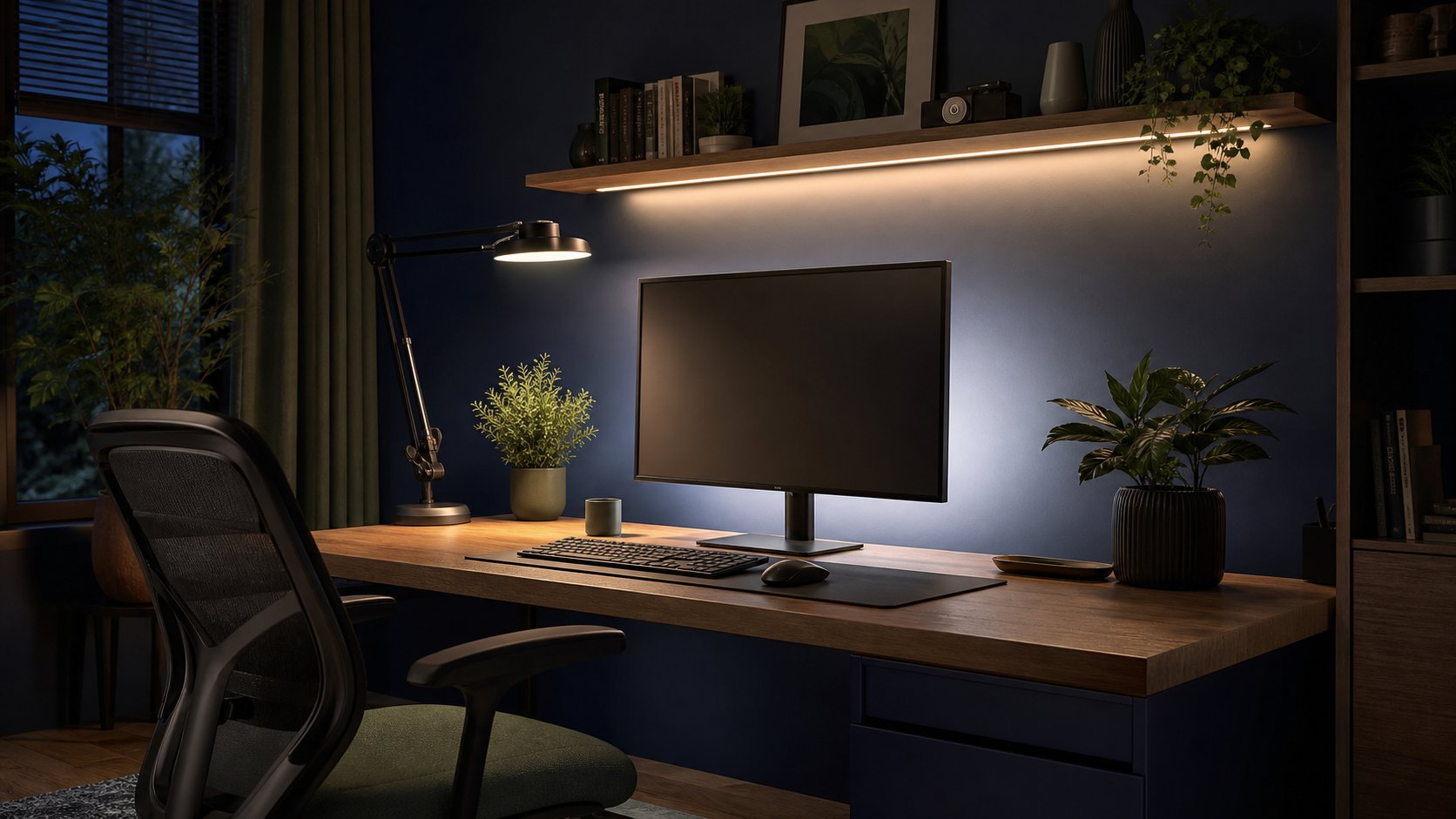 Home office using a task lamp, neutral monitor backlight and warm shelf accent lighting