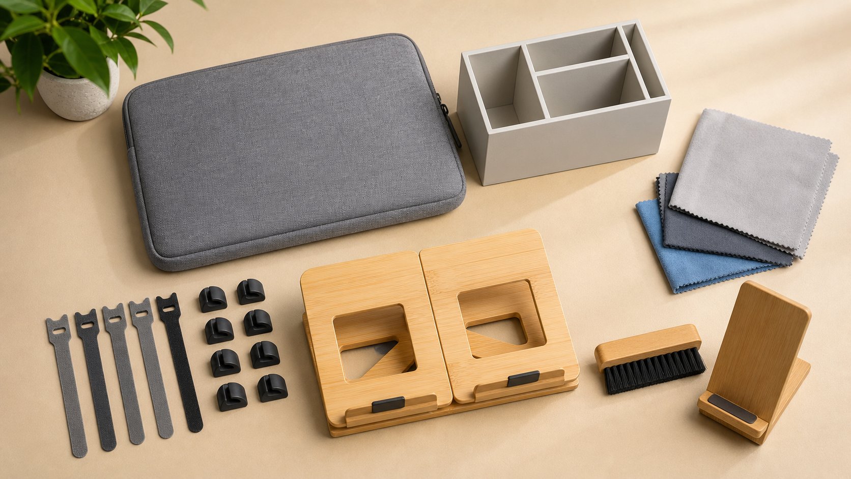 Low-risk office accessories including cable ties, clips, organizers, laptop sleeve, brush and non-powered stands