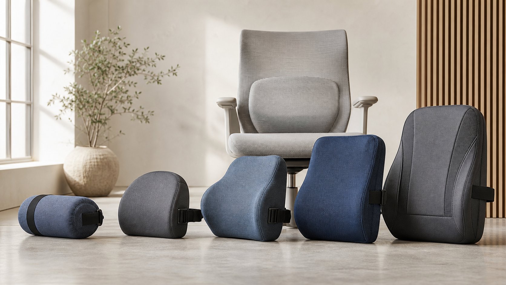 Five lumbar support cushion profiles compared beside a neutral ergonomic office chair