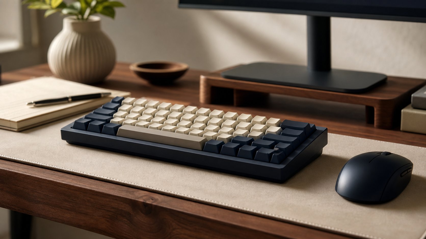 Compact mechanical keyboard with muted keycaps, mouse and notebook in a quiet home office